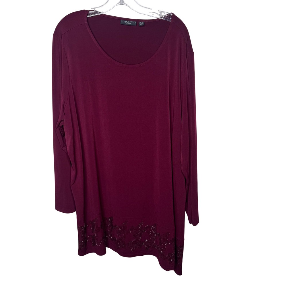 Susan Graver Artisan Burgundy Embellished Hem Tunic Top 3X Long‎ Sleeve Studded